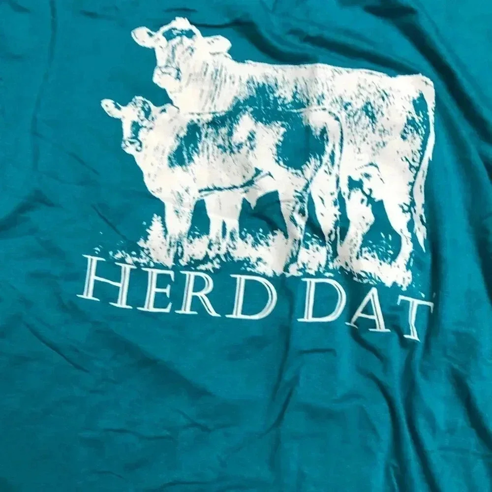 Southern Stitch "Herd Dat" Cow T-Shirt Turquoise  Size L
